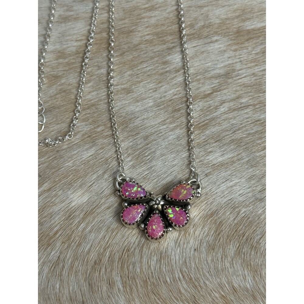 Native American Sterling Silver SW Fire Pink Opal Half Cluster Necklace Teardrop